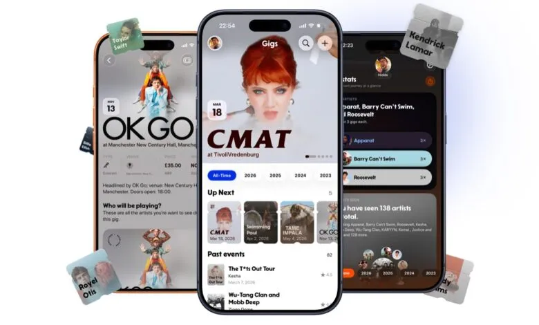Three smartphones displaying a concert discovery app interface.