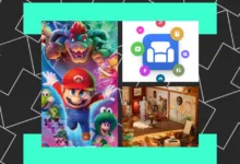 Collage of images: Super Mario Bros. movie poster, app icon, and art studio scene.