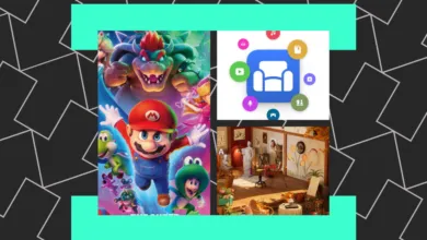 Collage of images: Super Mario Bros. movie poster, app icon, and art studio scene.