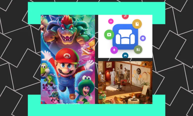 Collage of images: Super Mario Bros. movie poster, app icon, and art studio scene.