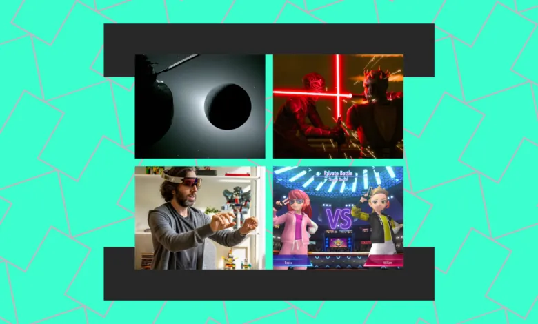 Four images: space, Star Wars duel, man with VR, and video game battle.