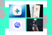 Four app icons: colorful star, weather app, cloud with code, handheld camera.