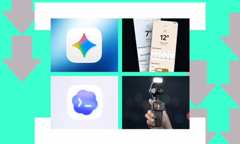 Four app icons: colorful star, weather app, cloud with code, handheld camera.