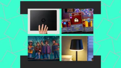 Four images: laptop, game card, Stranger Things, and lamp.