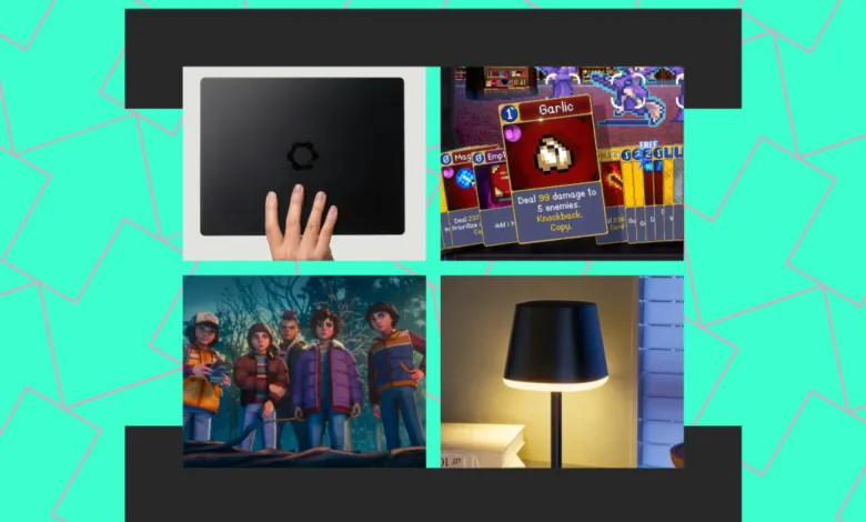 Four images: laptop, game card, Stranger Things, and lamp.