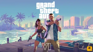 Grand Theft Auto VI features armed couple on a dock with city skyline.