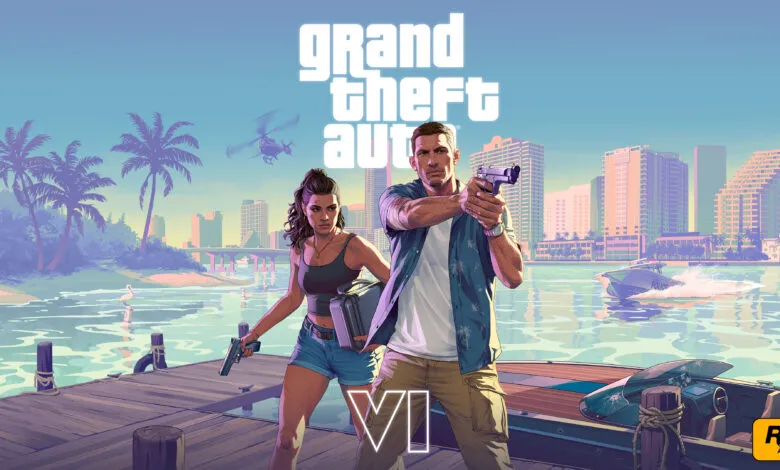 Grand Theft Auto VI features armed couple on a dock with city skyline.