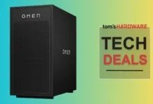 Black OMEN gaming PC tower with 'Tech Deals' graphic on a gradient background.