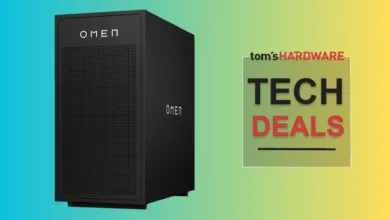 Black OMEN gaming PC tower with 'Tech Deals' graphic on a gradient background.