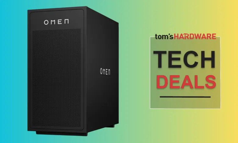 Black OMEN gaming PC tower with 'Tech Deals' graphic on a gradient background.