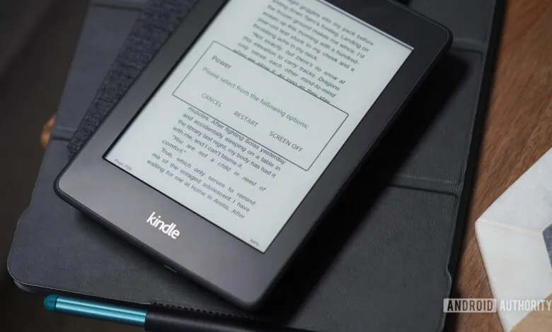 Kindle e-reader displaying power options: Cancel, Restart, Screen Off.