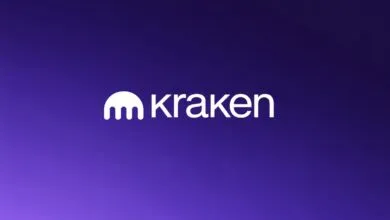 Kraken cryptocurrency exchange logo in white against a purple gradient background.