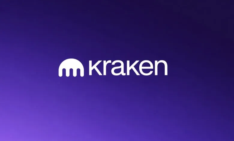 Kraken cryptocurrency exchange logo in white against a purple gradient background.