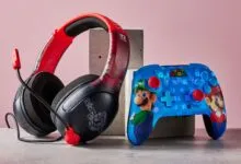 Gaming headset and controller featuring Super Mario characters.