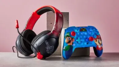 Gaming headset and controller featuring Super Mario characters.