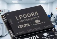 Close-up of LPDDR4 RAM chip made in collaboration with CXMT and GigaDevice.
