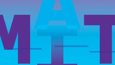 Abstract graphic design with the letters 'MAT' in purple and blue.