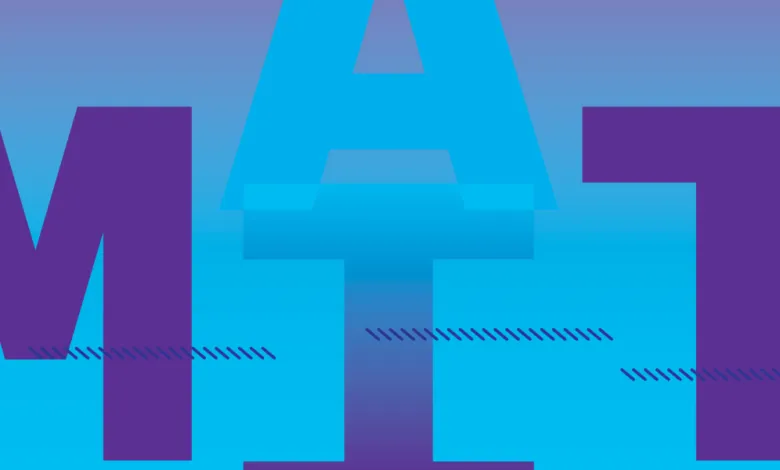 Abstract graphic design with the letters 'MAT' in purple and blue.