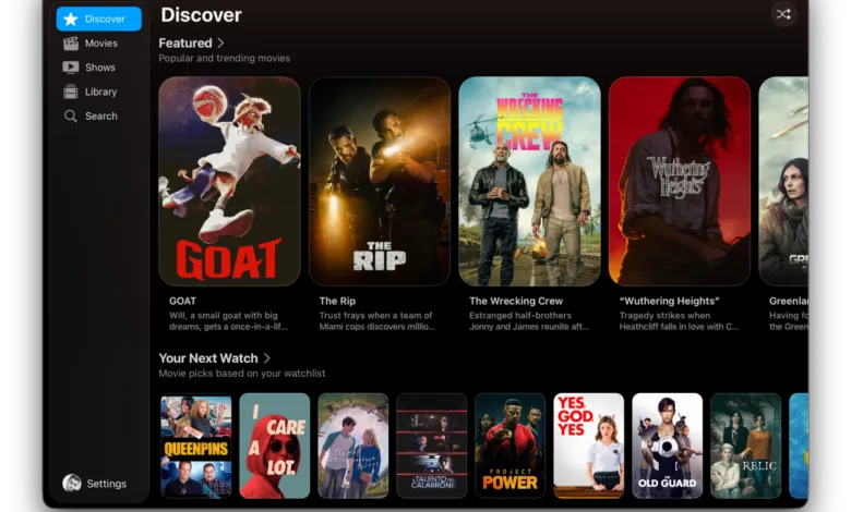 Binge streaming service interface showing featured movies and watchlist picks.