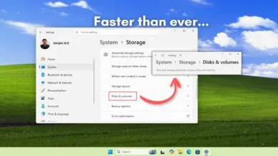 Windows 11 Storage settings page with 'Disks & volumes' highlighted.
