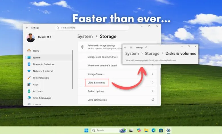 Windows 11 Storage settings page with 'Disks & volumes' highlighted.