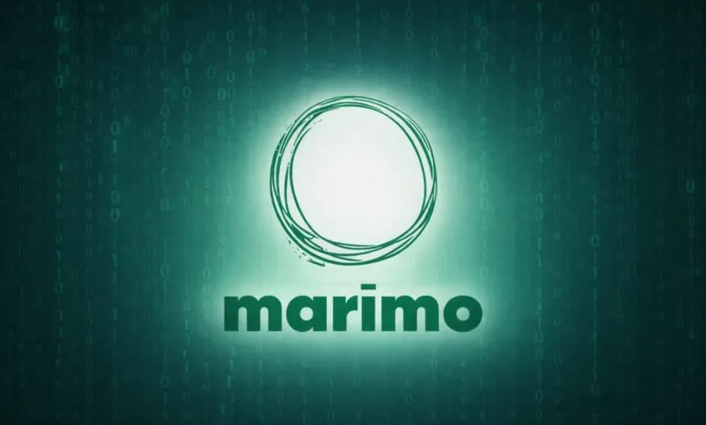 Marimo logo against a digital background of green binary code.
