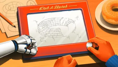 Robot and human hands drawing a torus on an Etch A Sketch, donut nearby.