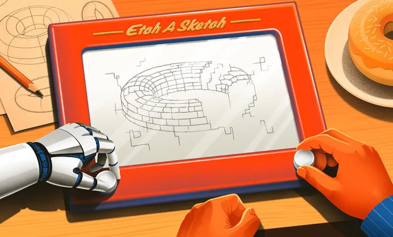 Robot and human hands drawing a torus on an Etch A Sketch, donut nearby.