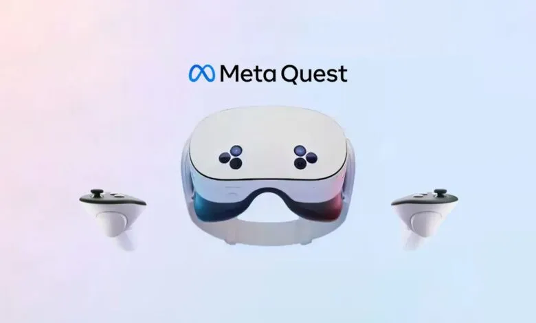 Meta Quest 3S VR headset and controllers floating on a gradient background.