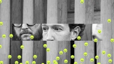 Black and white image with columns, faces, and sad emoji overlay.