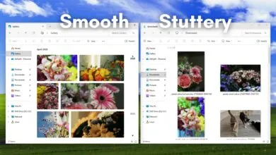 Side-by-side comparison of smooth vs. stuttery scrolling in Windows File Explorer.