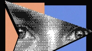 Abstract geometric design with pixelated arrow and color blocks.