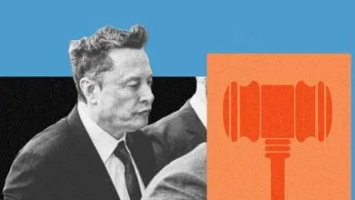 Elon Musk in court with gavel graphic, representing legal matters.