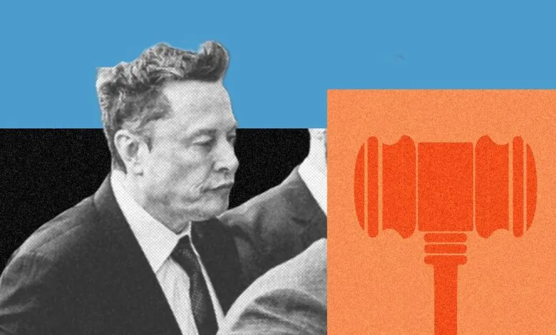Elon Musk in court with gavel graphic, representing legal matters.