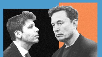 Split image of Sam Altman and Elon Musk facing each other.
