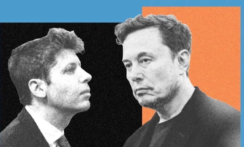 Split image of Sam Altman and Elon Musk facing each other.