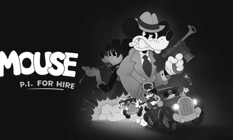 Black and white cartoon of Mickey Mouse as a private investigator.