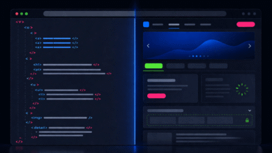 Code editor interface with HTML tags and a user interface mockup.