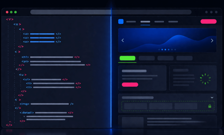 Code editor interface with HTML tags and a user interface mockup.