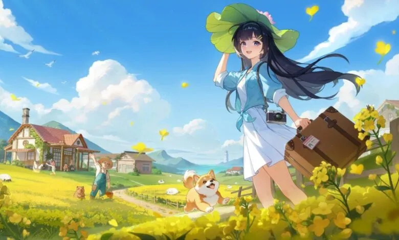 Anime girl with suitcase and dog in a sunny field of yellow flowers.