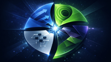 Abstract circular diagram with arrows, network, and concentric circles.