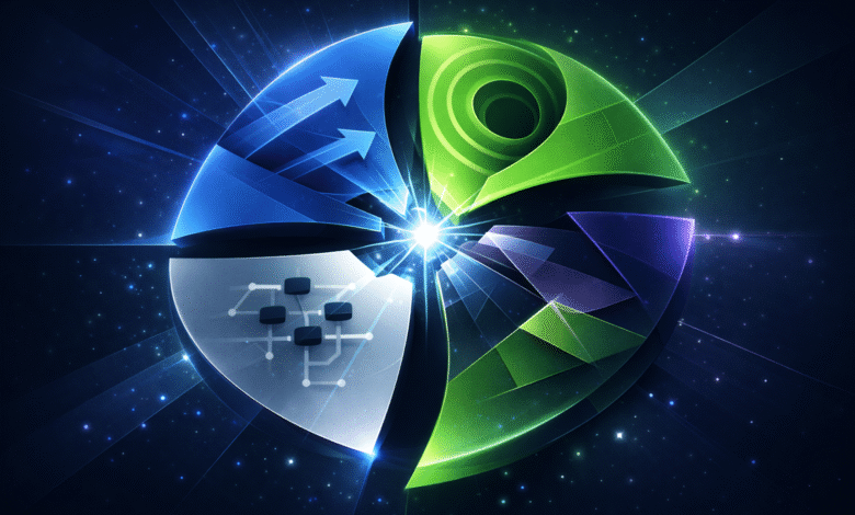 Abstract circular diagram with arrows, network, and concentric circles.