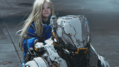 Girl with long blonde hair next to a futuristic robot in a muted cityscape.
