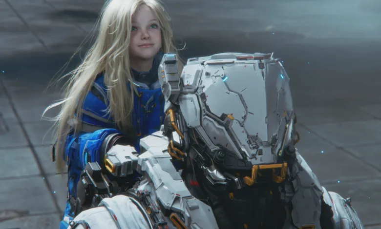 Girl with long blonde hair next to a futuristic robot in a muted cityscape.