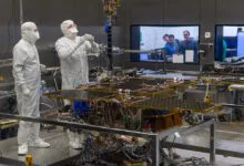 Two technicians in clean suits work on the ExoMars Rosalind Franklin rover.