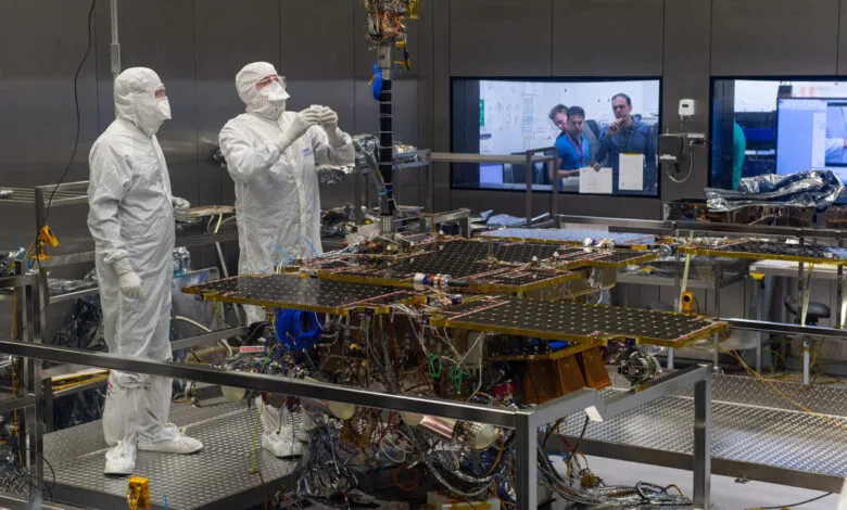 Two technicians in clean suits work on the ExoMars Rosalind Franklin rover.