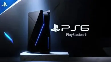 PlayStation 6 console concept with sleek black design and blue accents.