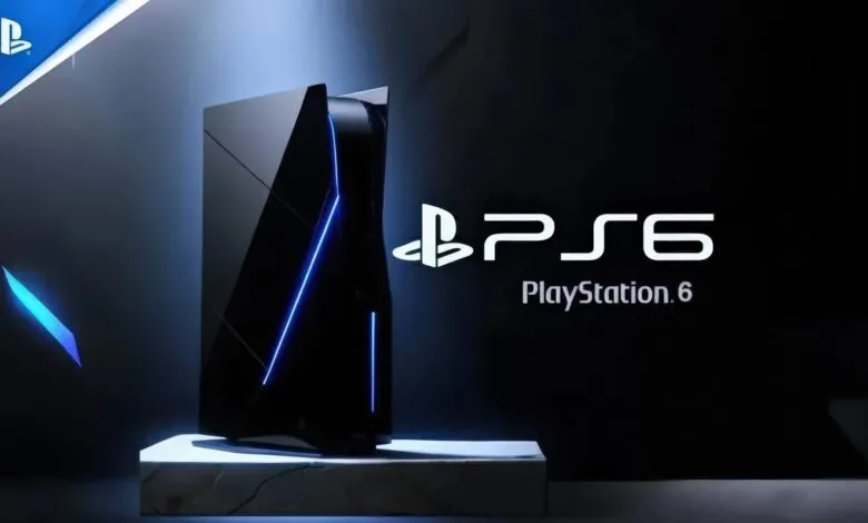 PlayStation 6 console concept with sleek black design and blue accents.