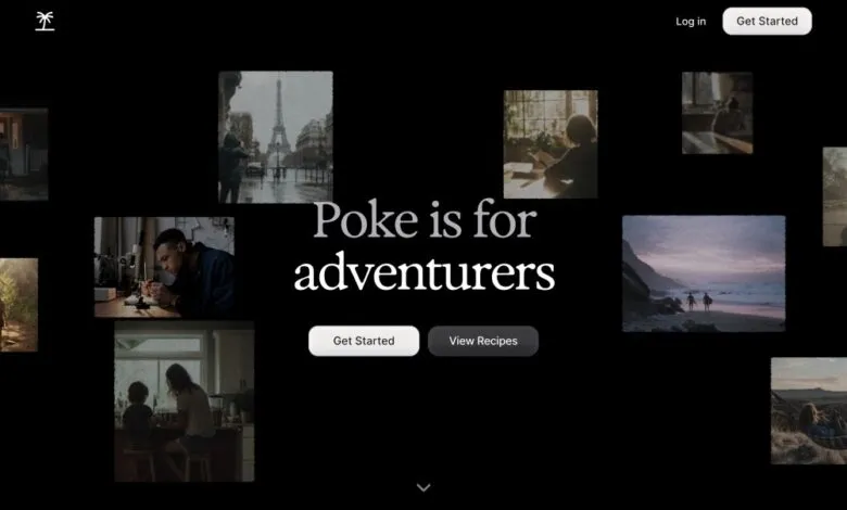 Poke website landing page with adventure-themed photos.