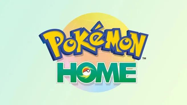 Pokemon HOME logo with yellow and blue lettering on a gradient background.